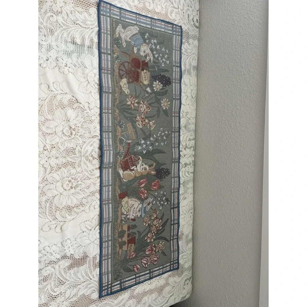 Rabbit Garden Woven Tapestry Table Runner Cottagecore Spring Floral Easter Decor